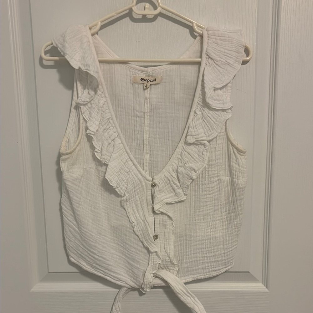 Rip Curl White Crop Button Tie Blouse Medium